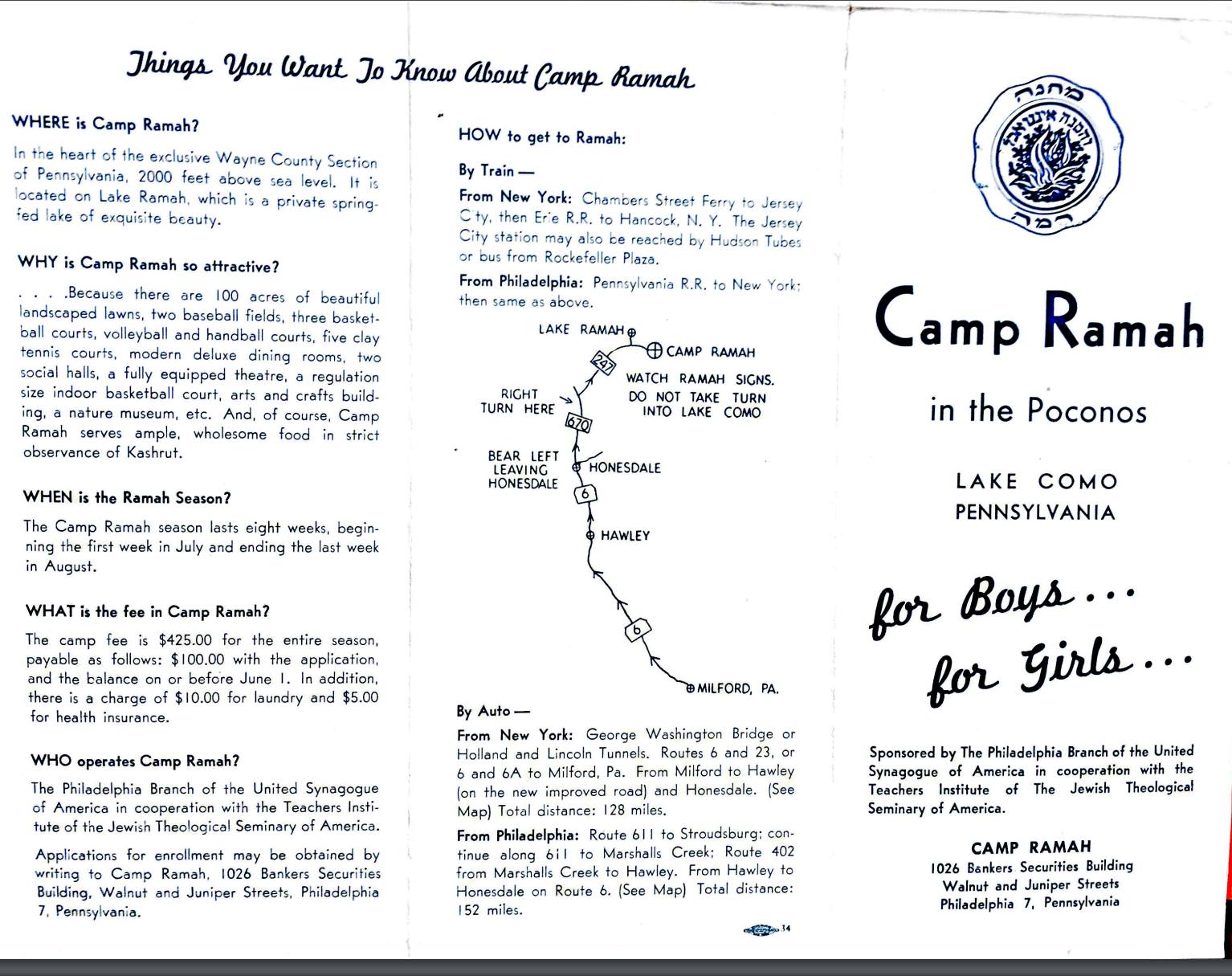 A brochure titled "Things You Want To Know About Camp Ramah" with subtitles "WHERE is Camp Ramah?", "WHY is Camp Ramah so attractive?", WHEN is the Ramah Season?", "WHAT is the fee in Camp Ramah?", "WHO operates Camp Ramah?", "HOW to get to Ramah"