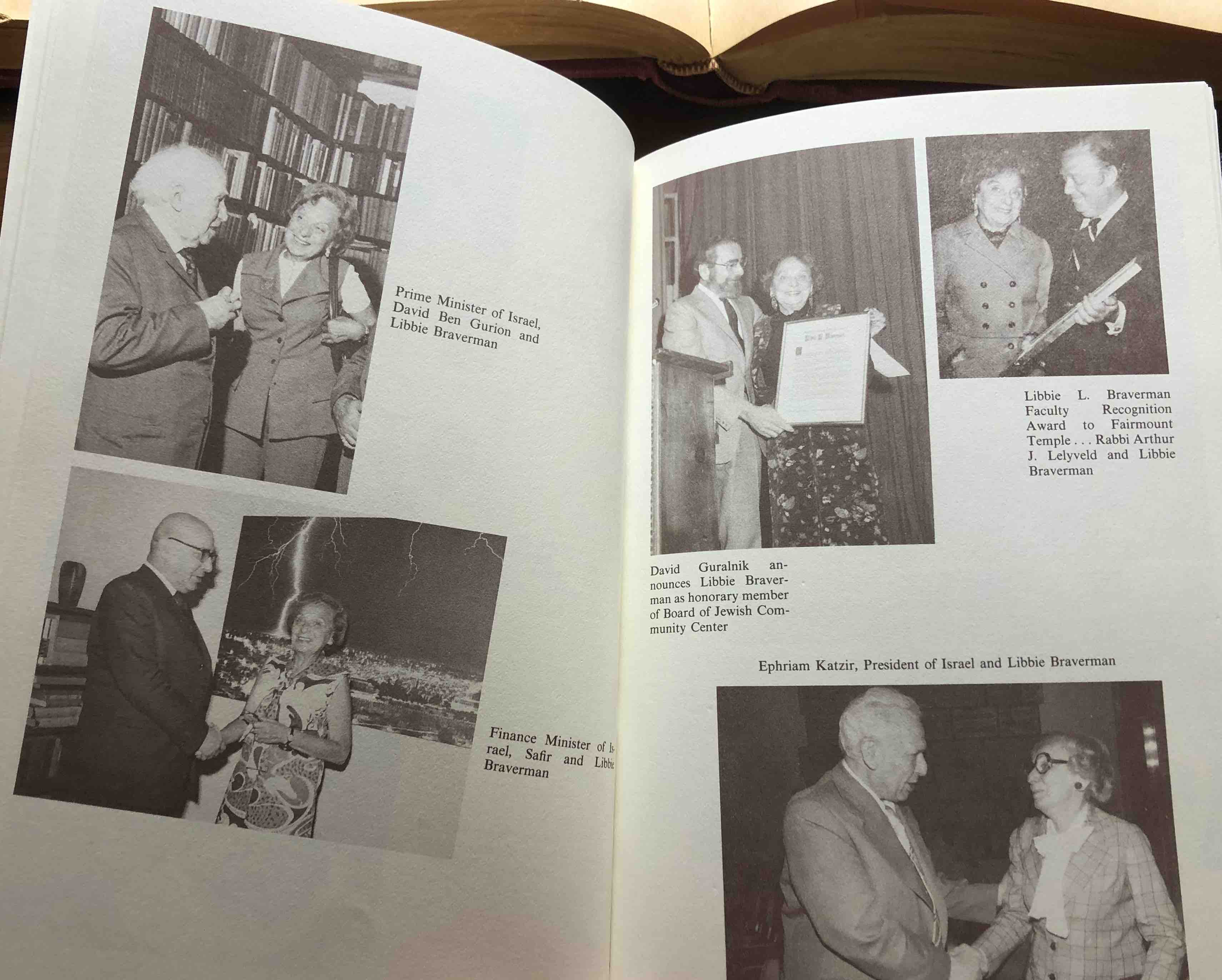 Libbie Braverman photographed with people: David Ben Gurion, Safir ?, David Guralnik, Rabbi Arthur J. Lelyveld, Ephriam Katzir