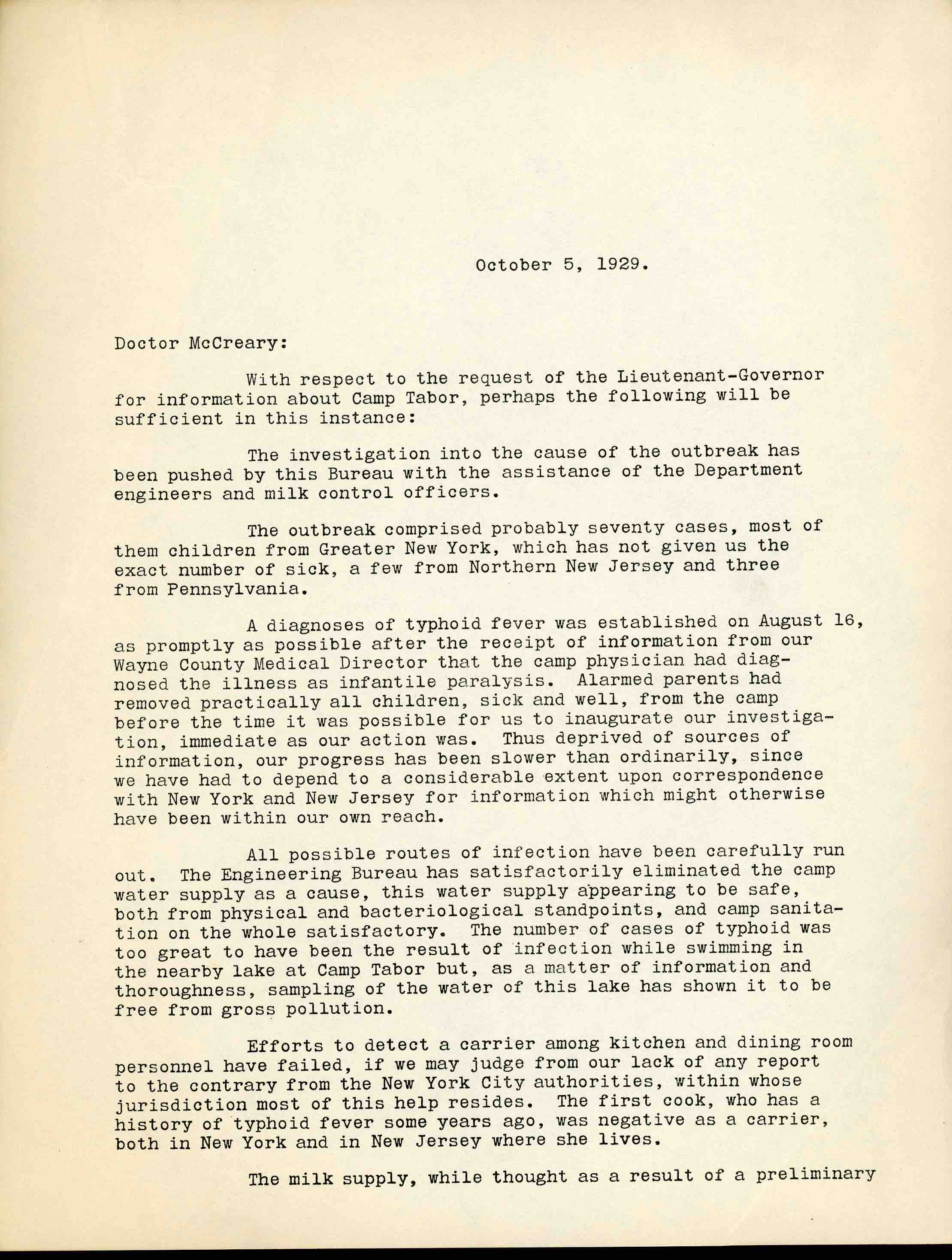 A letter written on October 5, 1929 to Doctor McCreary by J. Moore Campbell page 1