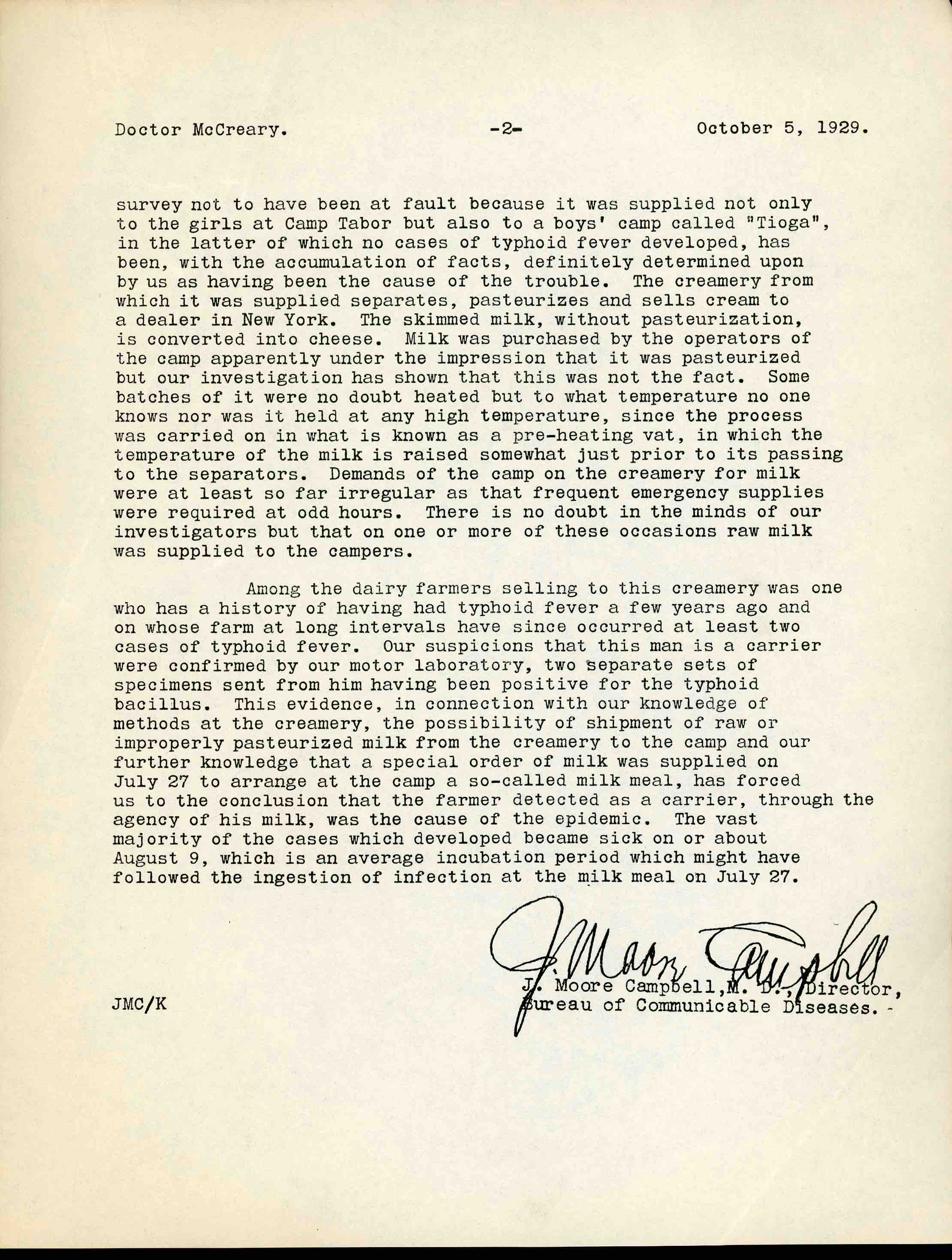A letter written on October 5, 1929 to Doctor McCreary by J. Moore Campbell page 2