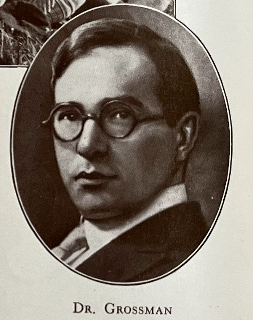 A photograph labeled "Dr. Grossman" of Rabbi Jacob Grossman wearing glasses and a suit with dark hair