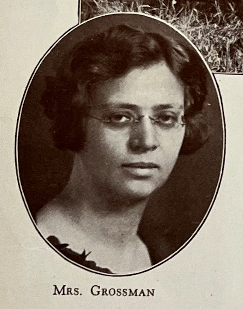 A photograph labeled "Mrs. Grossman" of Pauline Grossman wearing glasses with dark hair