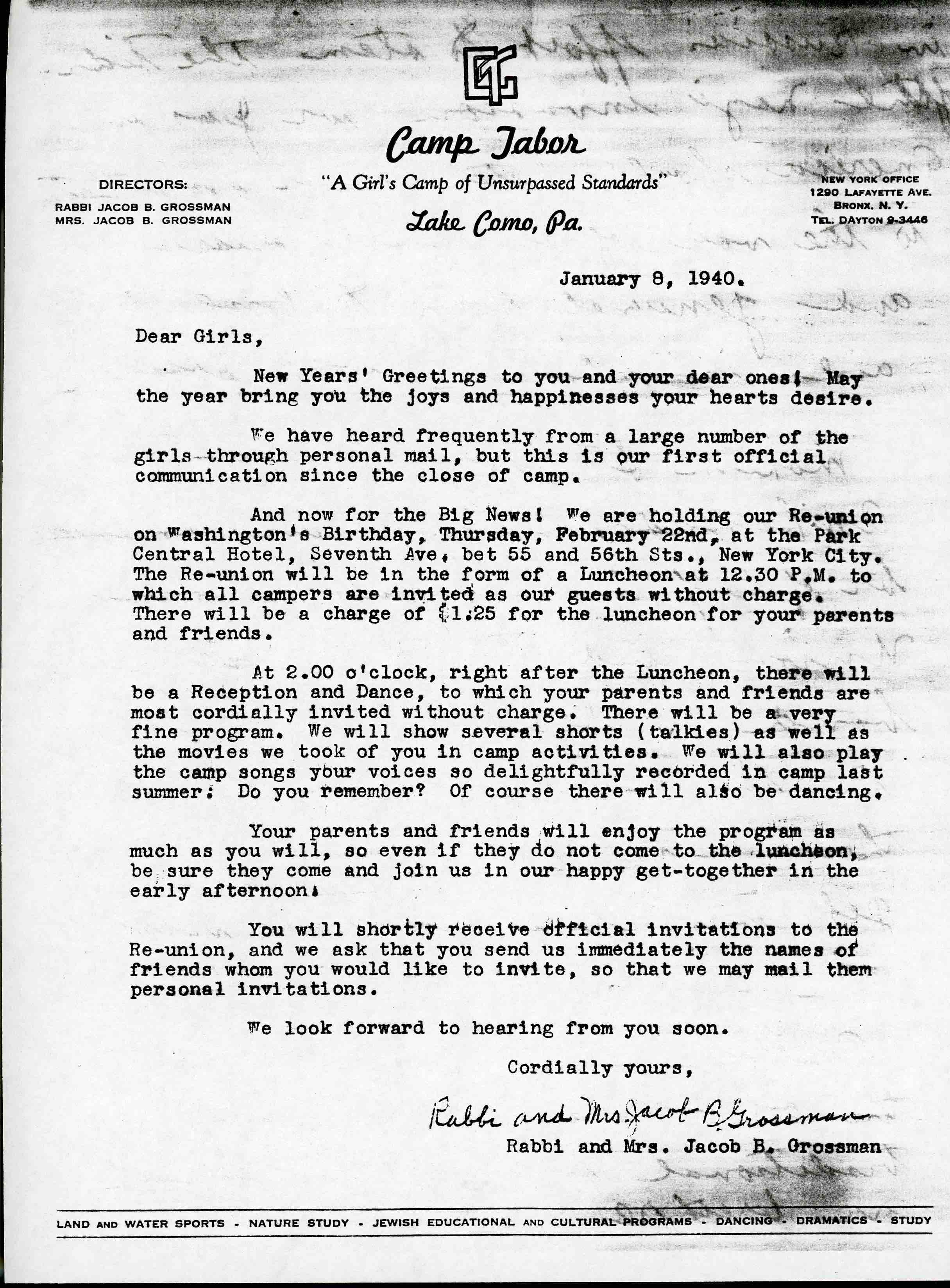 A letter written on January 8, 1940 to Camp Tabor campers by Jacob and Pauline Grossman