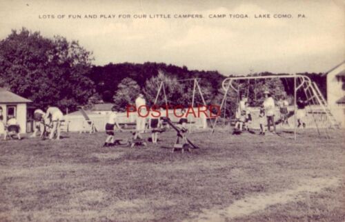 A postcard with a photograph of a group on swings and the title "Lots Of Fun And Play For Our Little Campers, Camp Tioga, Lake Como, PA"