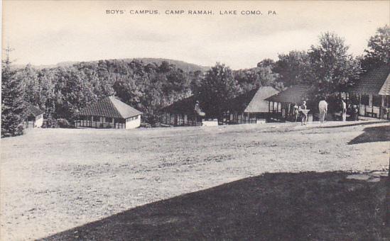 A postcard with a photograph of bunks and people outside and the title "Boys' Campus, Camp Ramah, Lake Como, PA"