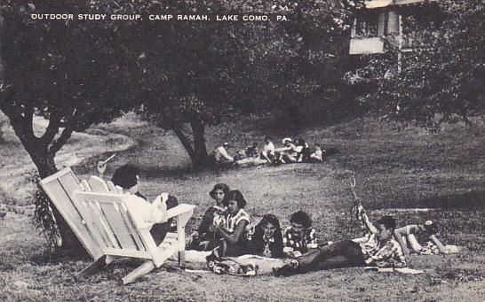 A postcard with a photograph of a group of people on grass outside and the title "Outdoor Study Group, Camp Ramah, Lake Como, PA"