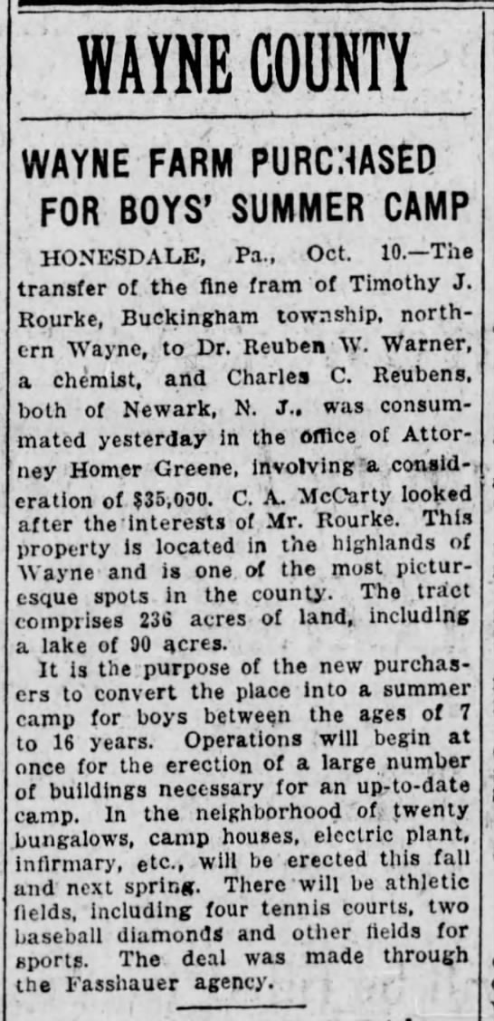 A newspaper article with the the title "Wayne Farm Purchased For Boys' Summer Camp"