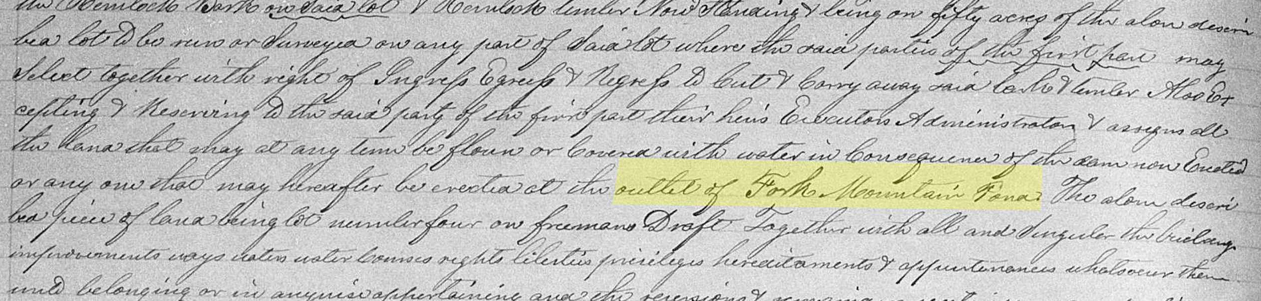 A scan of a written deed with "outlet of Fork Mountain Pond" digitally highlighted