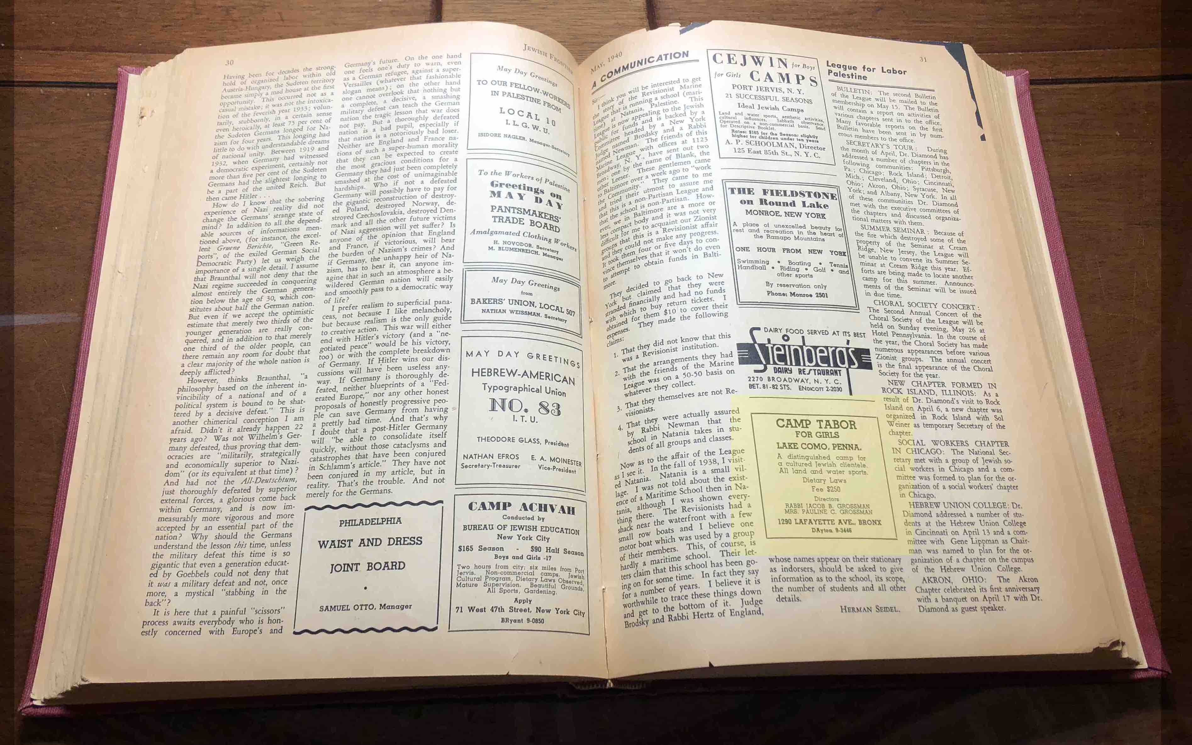 A photograph of a page of a journal with an advertisement. It has the text "Camp Tabor For Girls. Lake Como, Penna. A distinguished camp for a cultured Jewish clientele. All land and water sports. Dietary Laws. Fee $250. Directors Rabbi Jacob B. Grossman. Mrs. Pauline G. Grossman. 1920 Lafayette Ave., Bronx, DAyton, 9-3446."