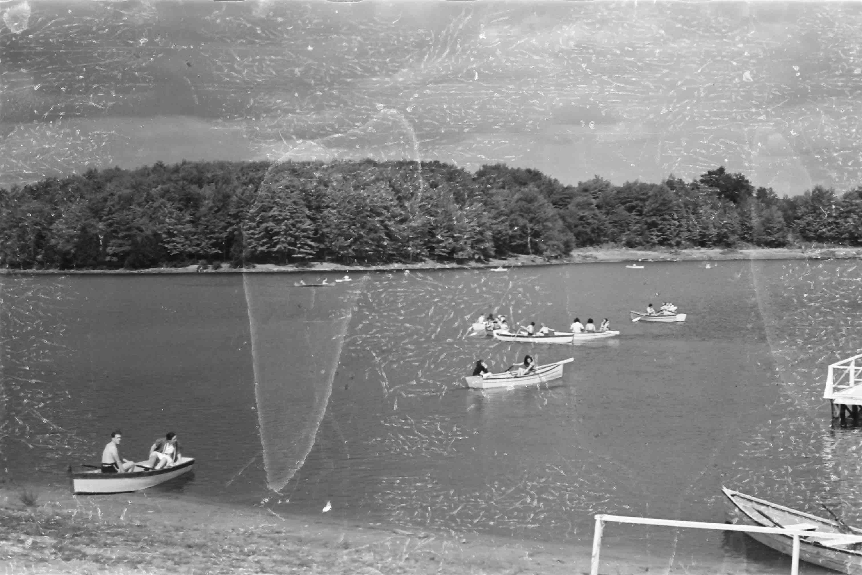 A photograph from approximately 1939 facing Fork Mountain Pond from Camp Tabor