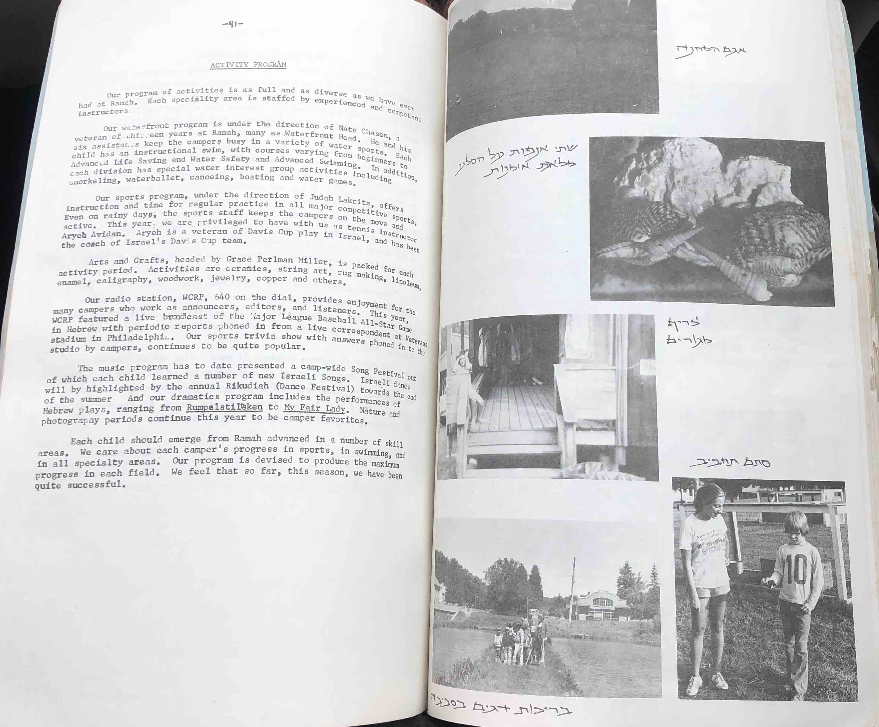 A photograph of a page of a book with the text "Activity Program" and pictures of people